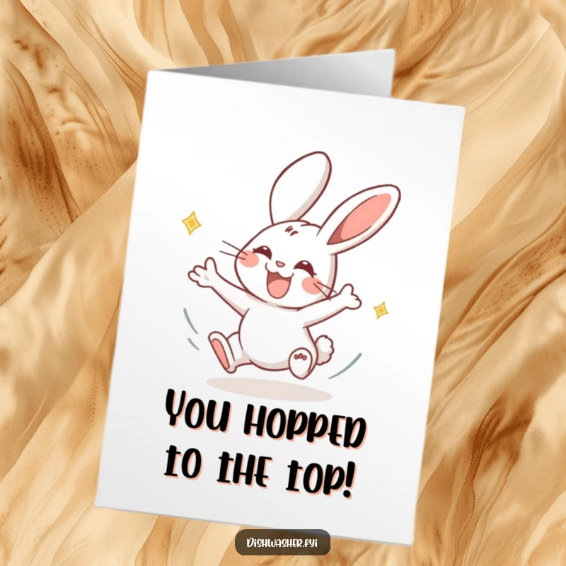 Funny free printable congratulations card showing a joyous rabbit character energetically drying plates with a swift motion.