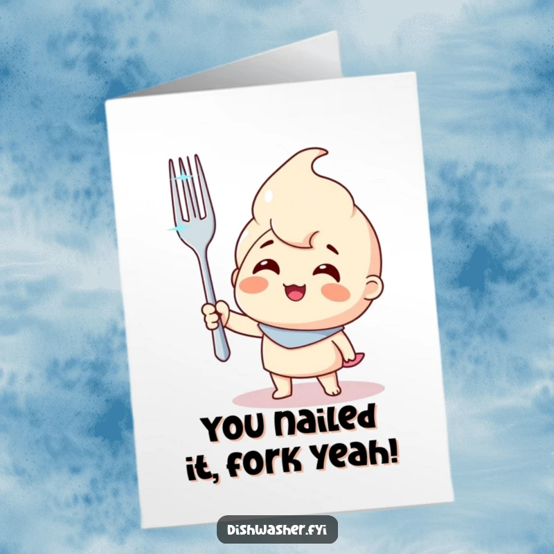Funny Free Printable character triumphantly holding a sparkling clean fork for congratulations, a winning DIY card.