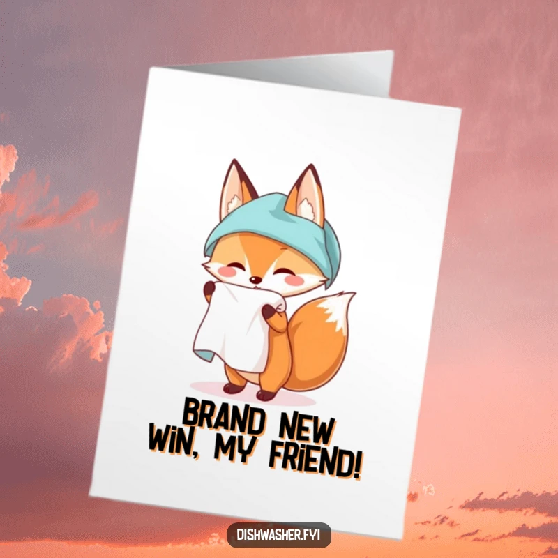 Funny Free Printable Congrats Card: A cunning fox joyfully unfurling a perfectly clean kitchen towel, symbolizing a spotless victory.