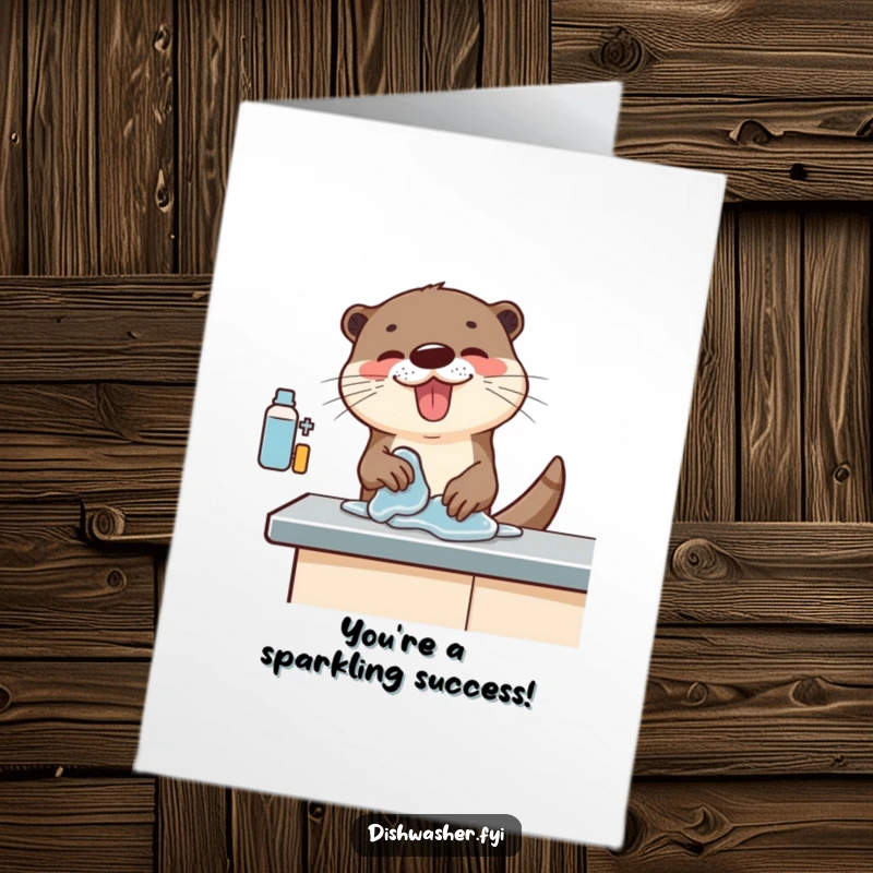 Funny Free Printable Congrats Card: An otter energetically wiping a counter, celebrating a spotless and well-deserved success.