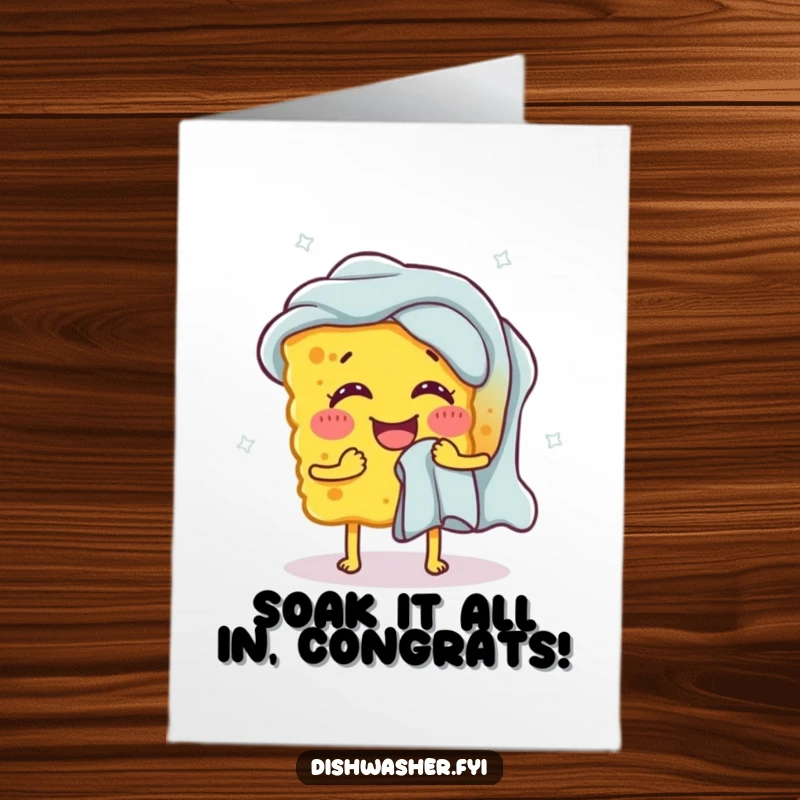 Funny Free Printable Congratulations Card: A happy sponge attempting to wring out a comically large dishcloth, symbolizing a huge accomplishment.
