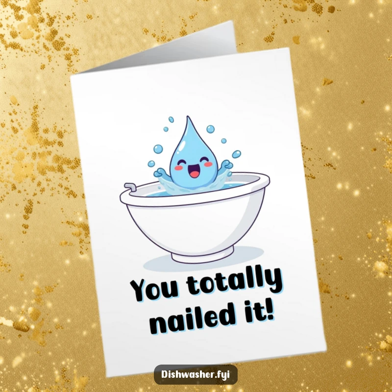 Funny Free Printable Congratulations Card: A playful water droplet gleefully splashing in a giant sink, celebrating success.