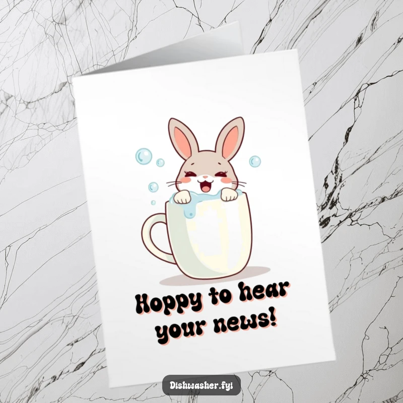 Funny Free Printable Congratulations Card with a rabbit joyfully scrubbing bubbles off a mug, celebrating success with a bubbly and cheerful vibe.