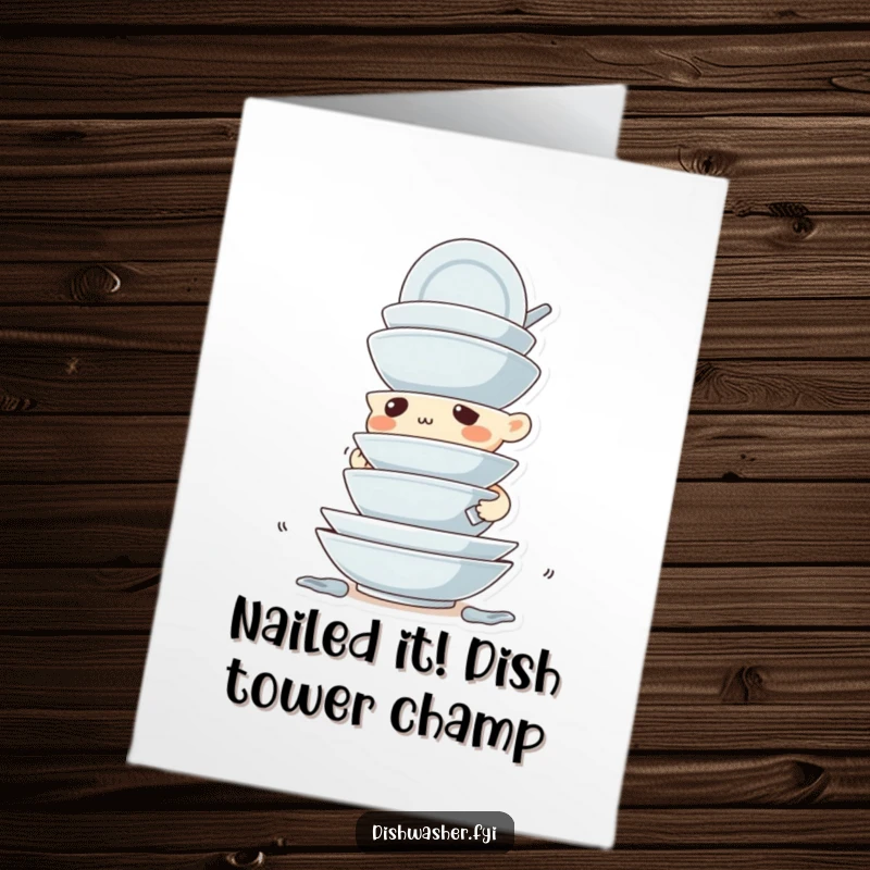Funny Free Printable Congratulations Card: Determined character expertly stacking dirty dishes, a precise DIY gift.