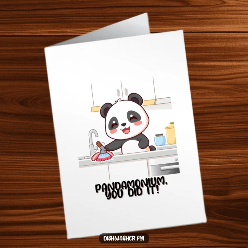 Funny Free Printable Congratulations Card: Smiling panda cleaning, ready to share in your exciting news with gusto.