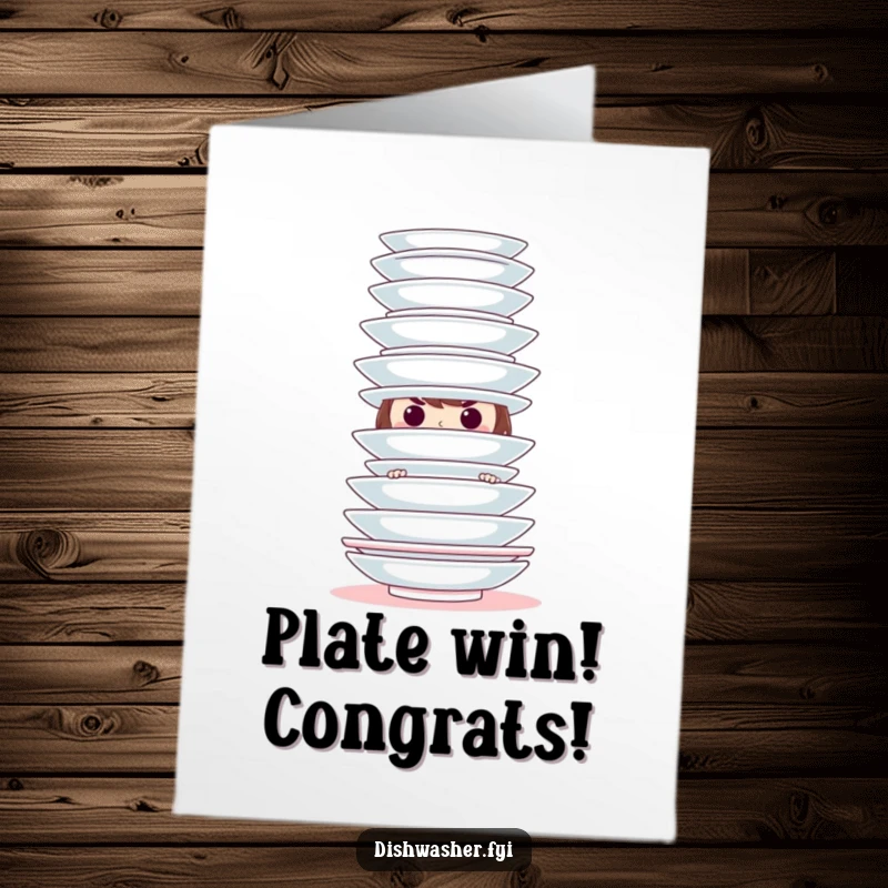 Funny Free Printable Congratulations Card with a mischievous character behind clean plates, celebrating a clever win.