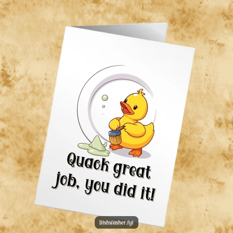 Funny Free Printable Congratulations Card: Rubber duck celebrates a huge accomplishment by scrubbing a giant plate, victorious chore.