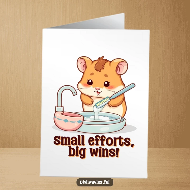 Free Printable Congratulations Card of a funny hamster diligently scrubbing a dish with a tiny toothbrush, celebrating a hard-won success.