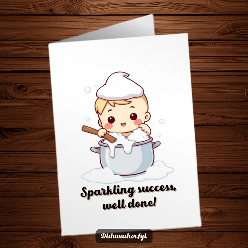 Funny Free Printable Congratulations Card showing a cute, happy character vigorously scrubbing a large, bubbly pot.
