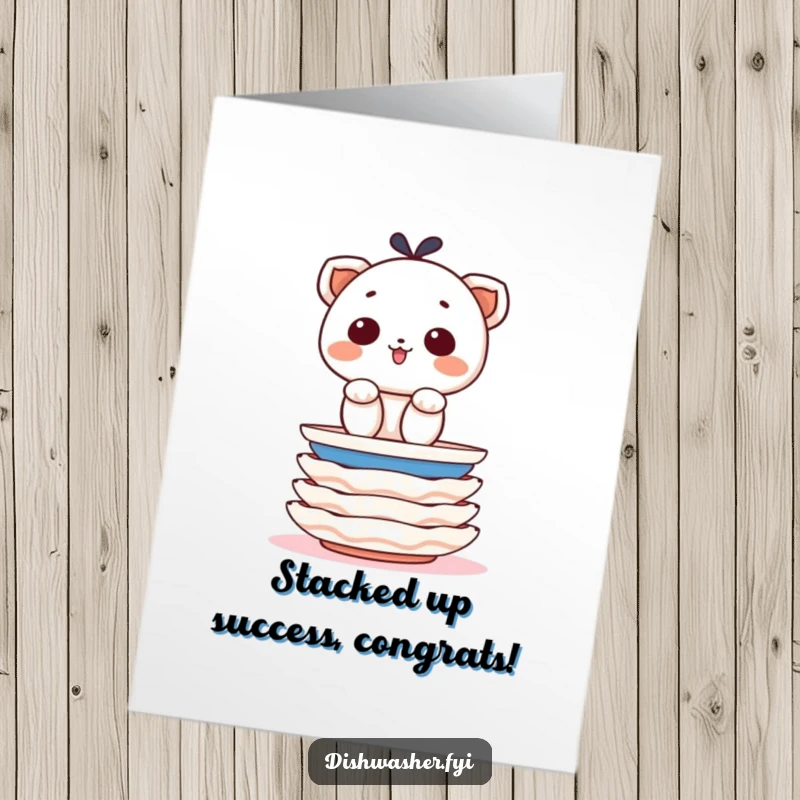 Funny Free Printable Congrats Card: A determined character neatly stacks clean plates, applauding your amazing accomplishment.