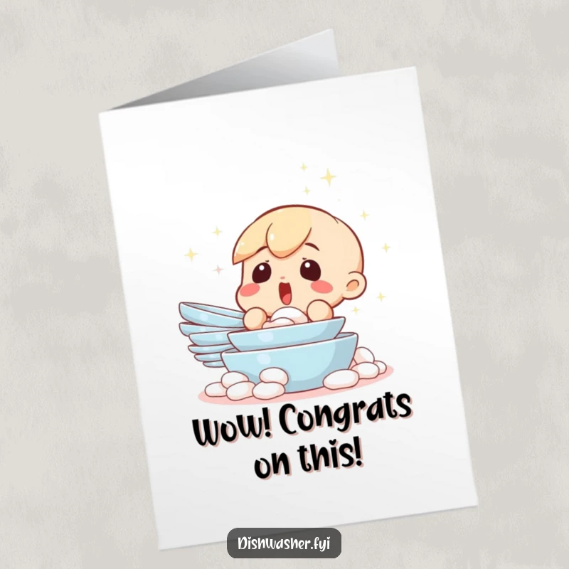 Funny Free Printable Congratulations Card: A character looks utterly surprised at a miraculously sparkling clean stack of dishes.