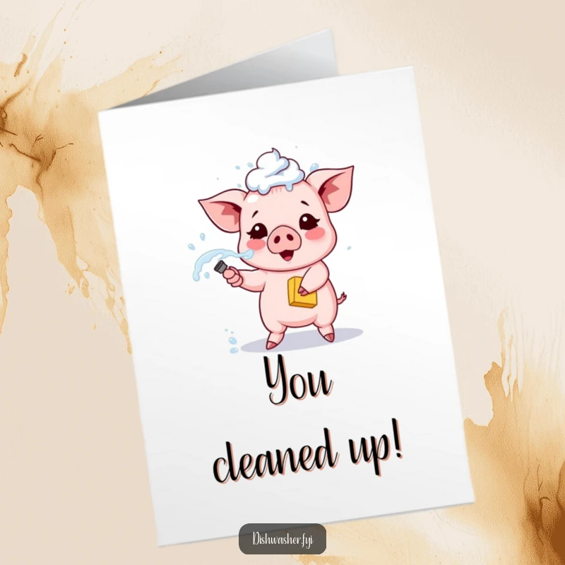 Funny Free Printable Congrats Card: A proud piglet joyfully sprays soapy water from a sponge, celebrating a clean victory.