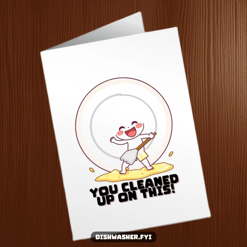 Funny Free Printable character scrubbing a giant plate with gusto for congratulations, a dynamic DIY card.