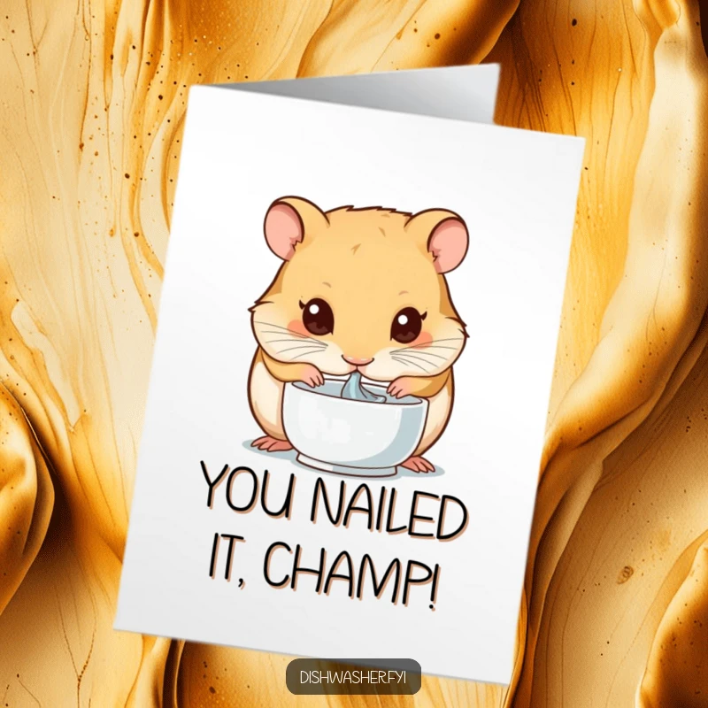 Funny Free Printable Congrats Card: Adorable hamster proudly drying a small bowl, celebrating a sparkling accomplishment with glee.