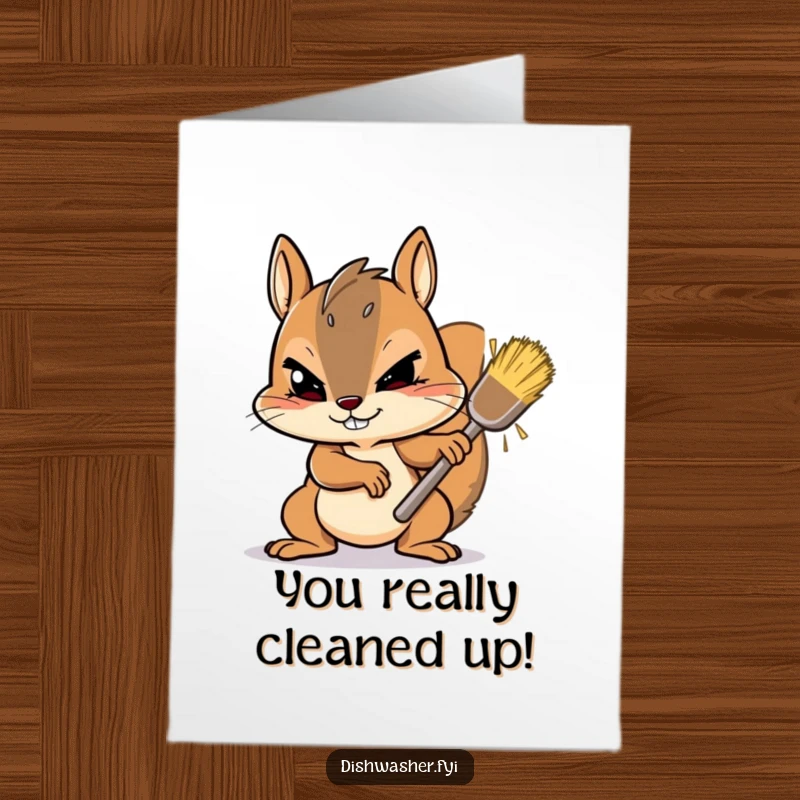 Funny Free Printable Congratulations Card: A determined squirrel character vigorously scrubs a stubborn spot with gusto, a perfect downloadable greeting for any achievement.