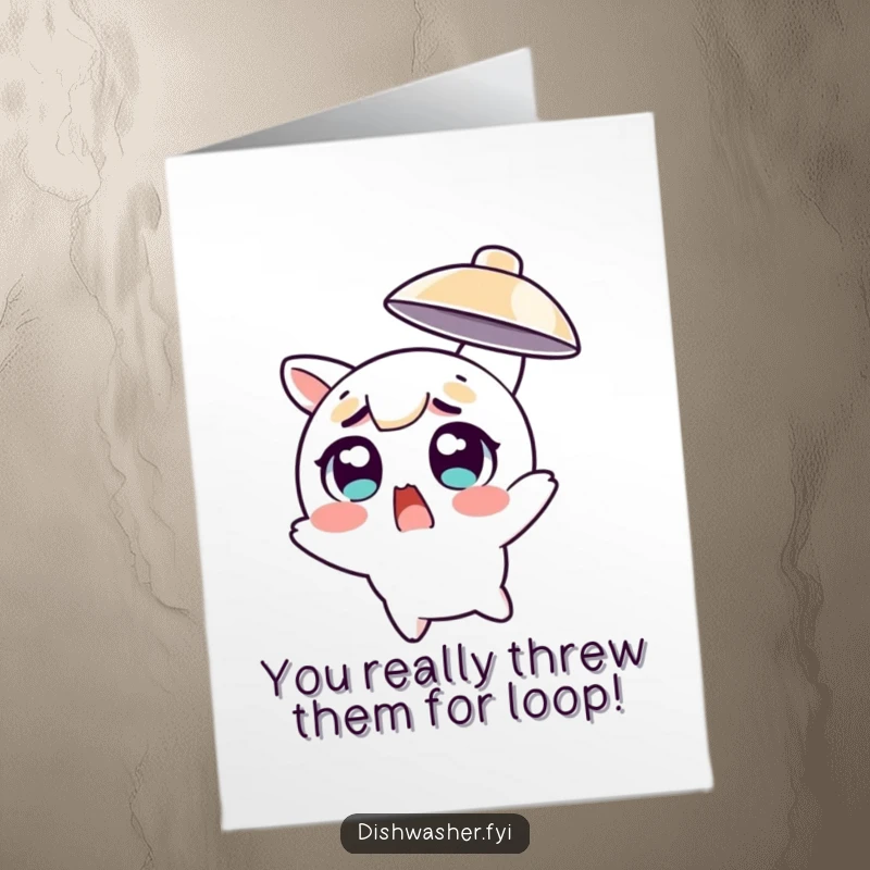 Funny Free Printable Congratulations Card: Surprised character dodges flying dish with wide eyes, overcoming obstacles, downloadable art.