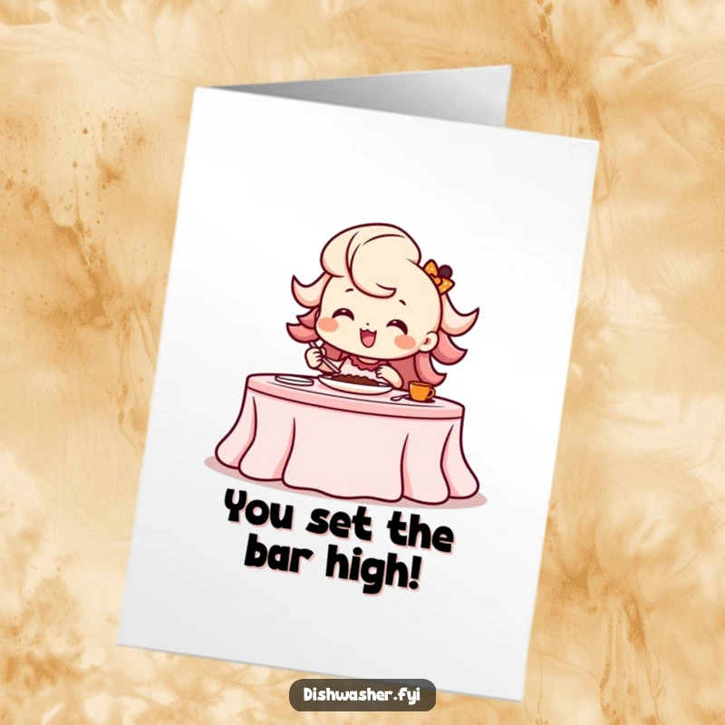 Funny Free Printable Congratulations Card: Beaming character setting a lavish table with a flourish, celebrating success with style.