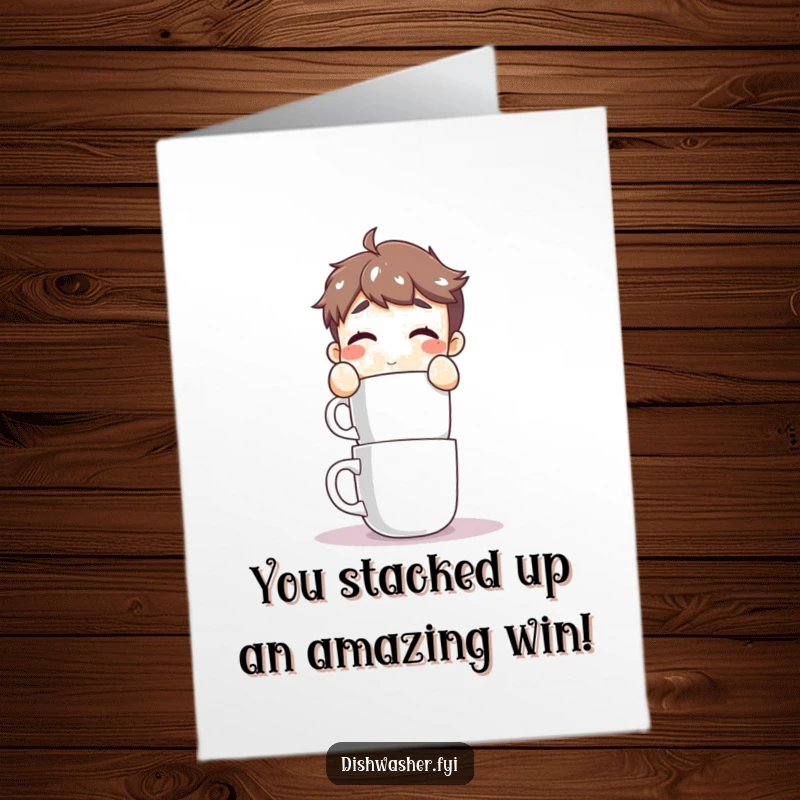 Funny Free Printable Congrats Card: Determined character carefully stacking clean mugs, symbolizing organized success and attention to detail.