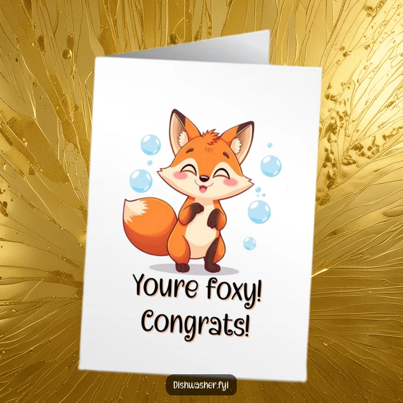 Funny free printable congratulations card showing a mischievous fox character joyfully juggling soap bubbles with playful glee.