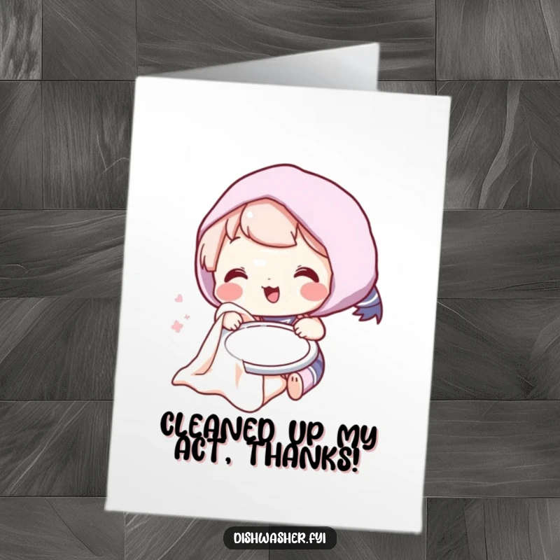 Funny Free Printable Thank You Card: Amused Character Drying a Plate with a Fluffy Towel, Spreading Joy