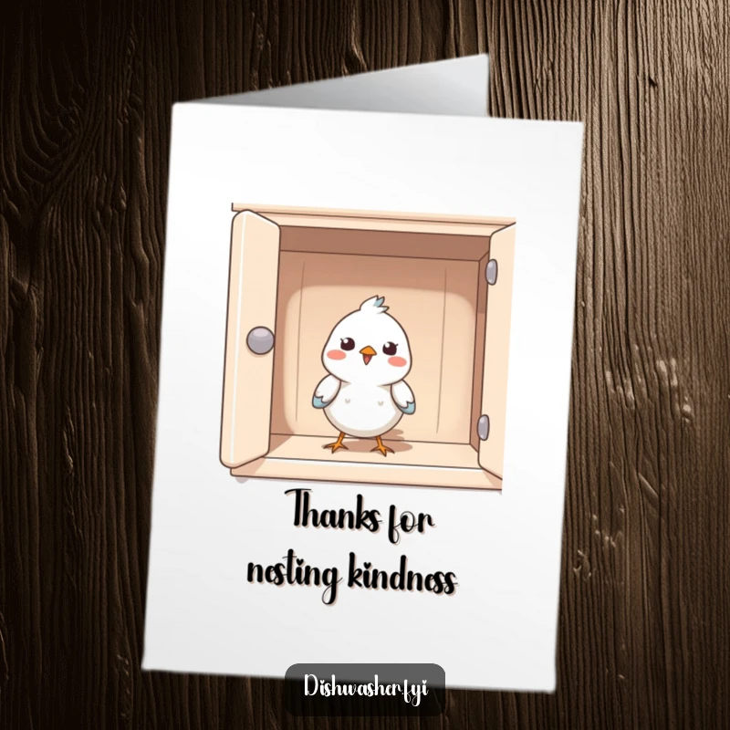 Funny Free Printable Thank You Card: A happy bird peeking from a perfectly clean cupboard, offering thanks with a cheerful disposition.