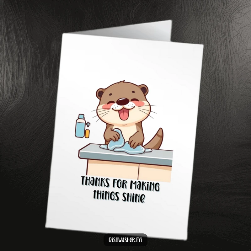 Funny Free Printable Thank You Card: An otter with great enthusiasm wiping down a counter, expressing thanks with a bubbly personality.