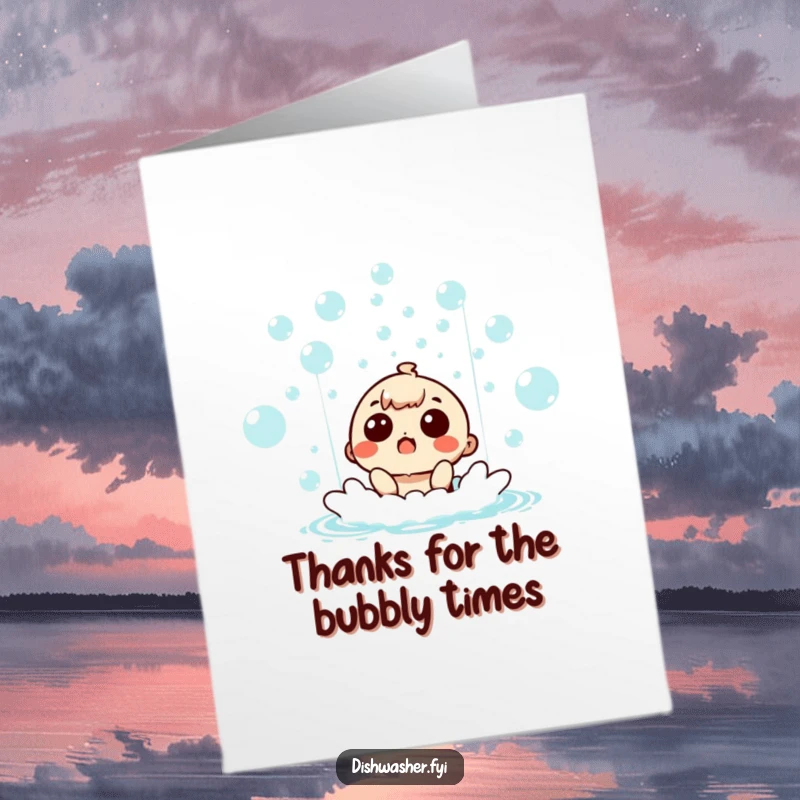 Funny Free Printable Thank You Card: Surprised character beaming amidst a shower of celebratory bubbles, a delightful downloadable message.