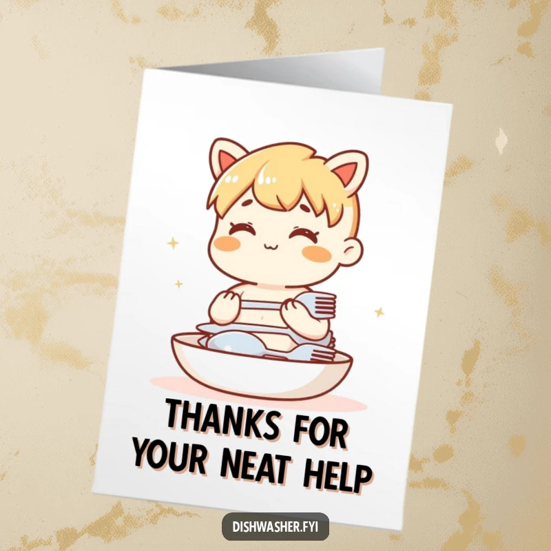 Funny free printable thank you card featuring a content character humming while neatly stacking clean forks, knives, and spoons.