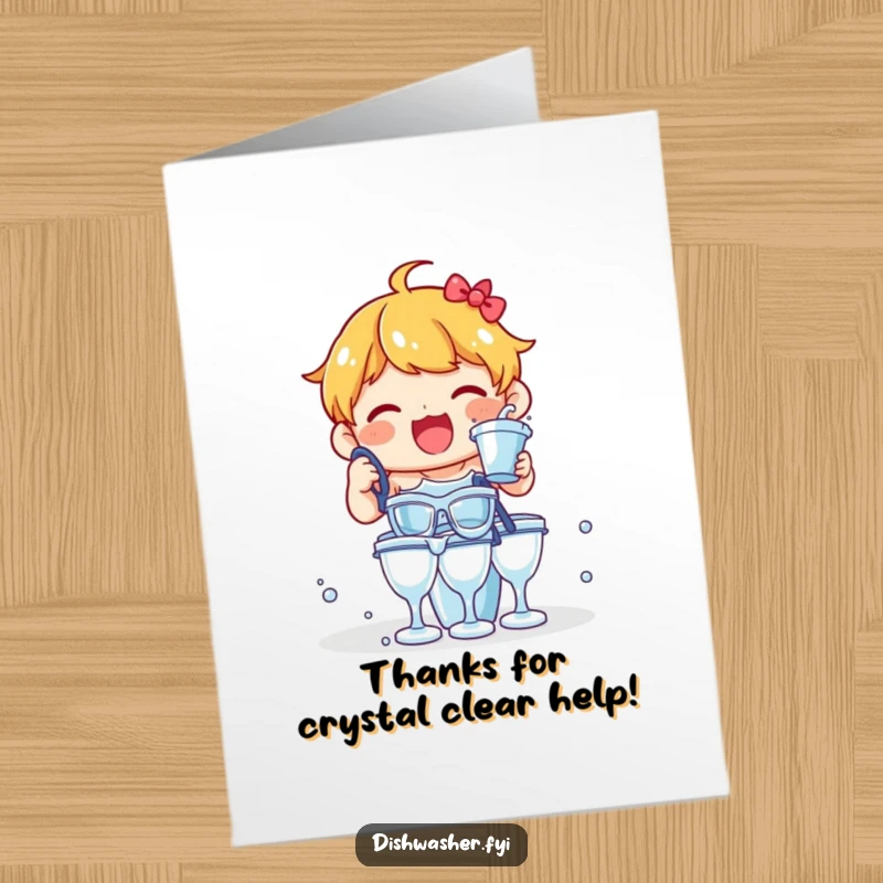 Funny Free Printable Thank You Card of a delighted character enthusiastically rinsing a stack of clear glasses.