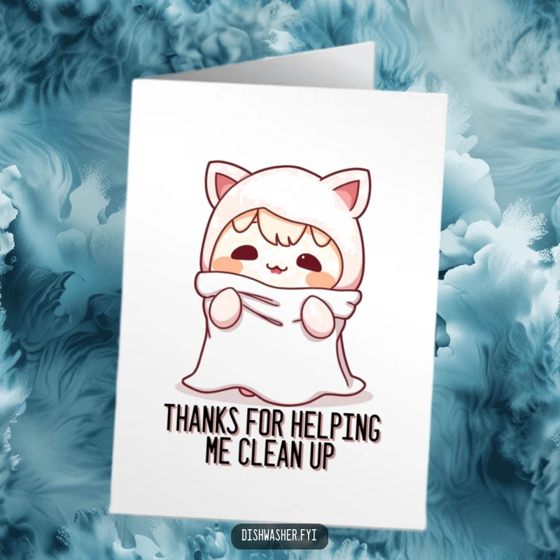 Funny free printable thank you card with a mischievous character pretending to be a dishrag, offering thanks in a quirky way.