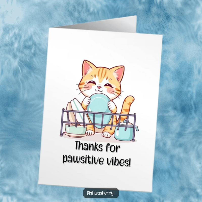 Funny Free Printable Thank You Card: A cute cat diligently places clean dishes into a rack, looking accomplished.
