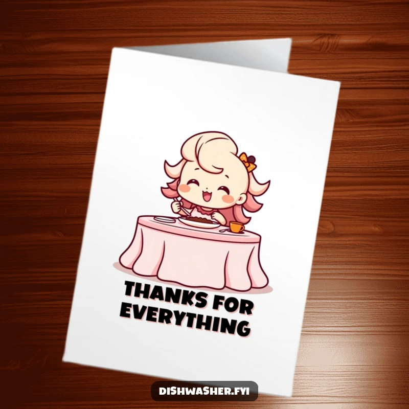 Funny Free Printable Thank You Card: Beaming character setting a beautifully adorned table, a gesture of heartfelt thanks.