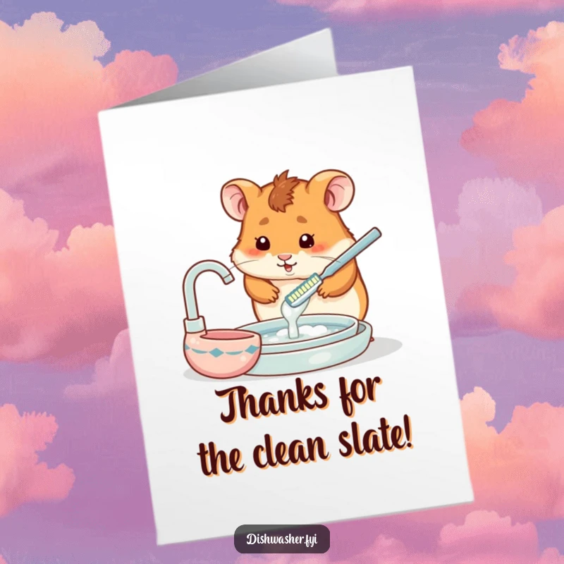 Funny Free Printable Thank You Card featuring a cute hamster using a tiny toothbrush to polish a dish, showing meticulous gratitude.