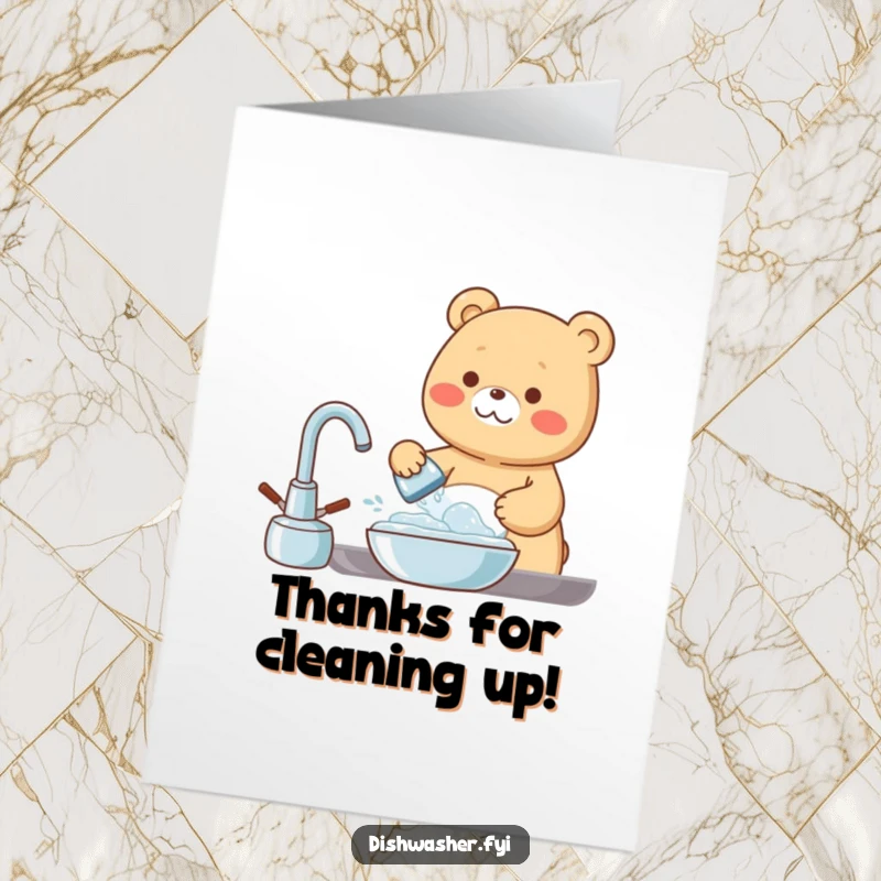 Funny Free Printable Thank You Card: A cheerful bear enthusiastically washes dishes with plenty of bubbles, a cute downloadable way to say thanks.