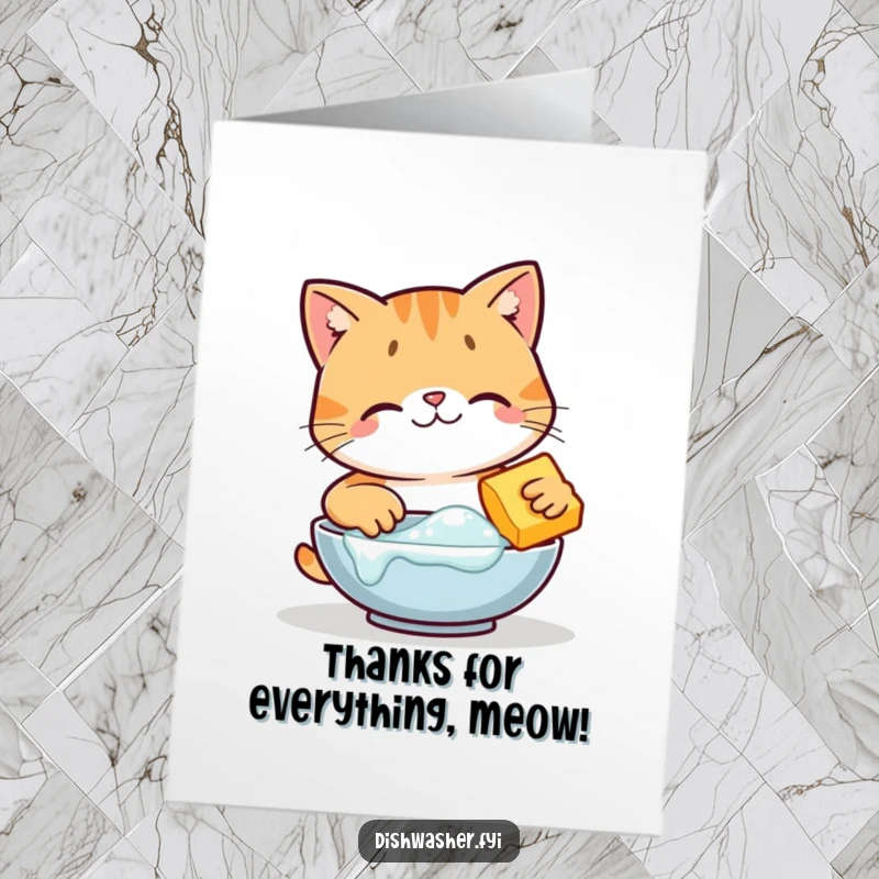 Funny free printable thank you card featuring a happy cat character meticulously scrubbing a dish, symbolizing a thorough and cheerful thanks.