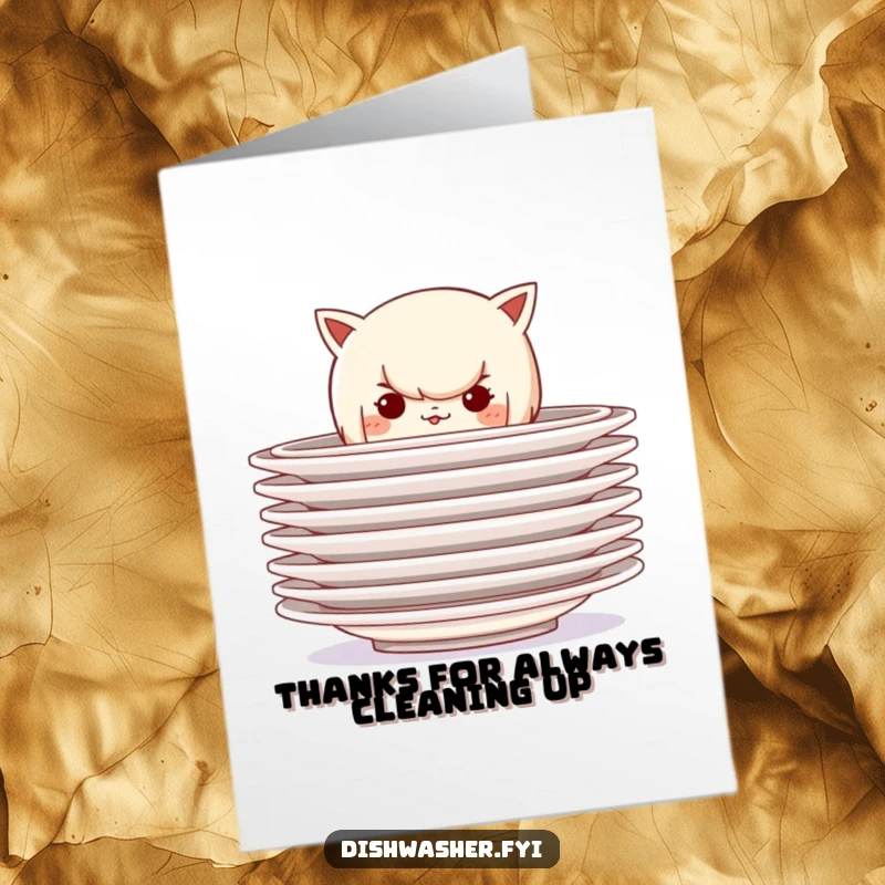 Funny Free Printable Thank You Card: A mischievous character hiding behind plates offers a playful and funny thank you.