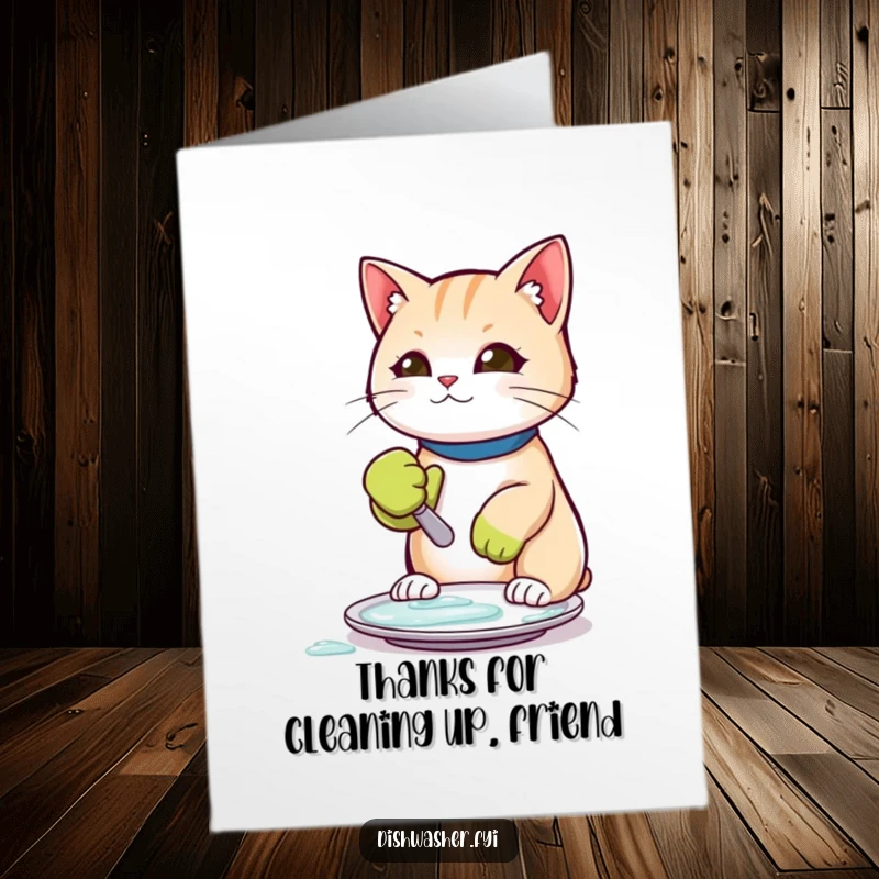Funny Free Printable Thank You Card: A charming cat in a rubber glove, scrubbing a plate, expressing thanks with humor, downloadable gift.