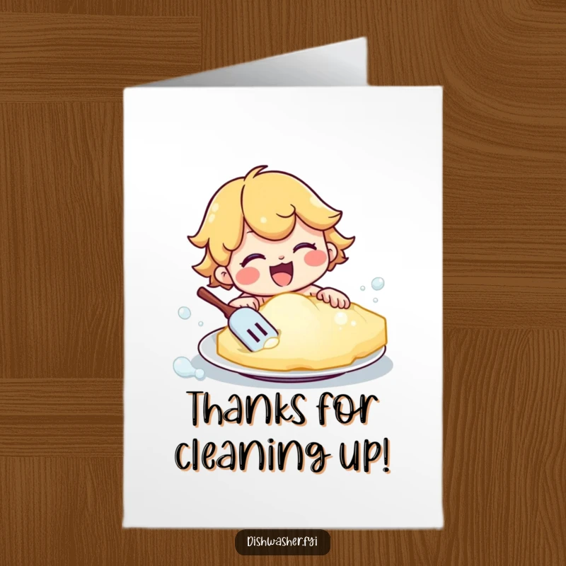 Funny Free Printable Thank You Card of a happy character scrubbing a plate intensely with an oversized, bubbly sponge.