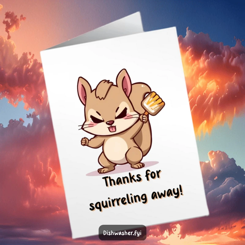 Funny free printable thank you card featuring a determined squirrel character scrubbing a stubborn spot with enthusiastic gusto.