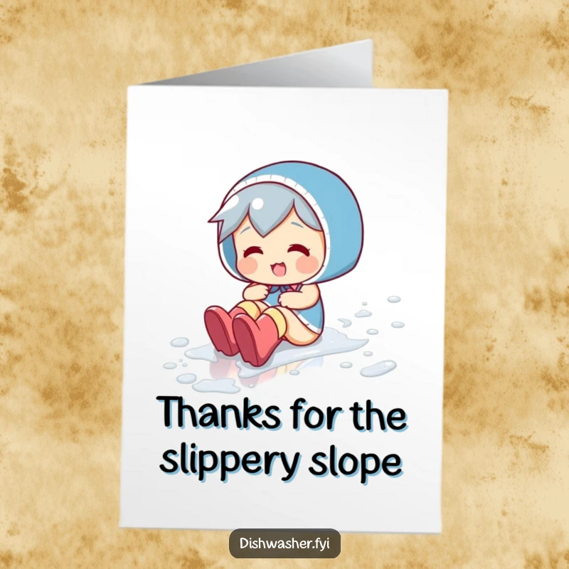 Funny Free Printable Thank You Card: Playful character sliding across a wet floor in rubber boots, a humorous way to express thanks.