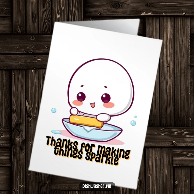 Funny Free Printable Thank You Card: Playful character making a dish gleam with a squeegee, a bright DIY gift.