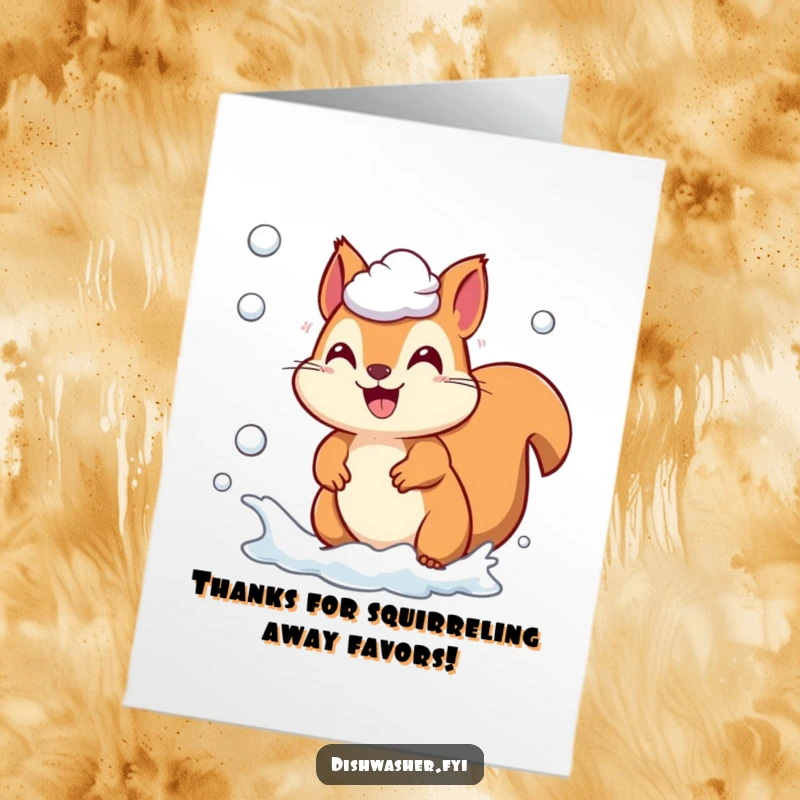 Funny free printable thank you card featuring a playful squirrel character chasing away soap suds with a wide, happy grin.