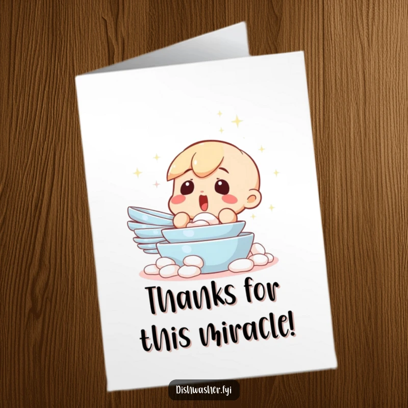 Funny Free Printable Thank You Card: A character appears surprised and impressed by a perfectly clean pile of dishes.