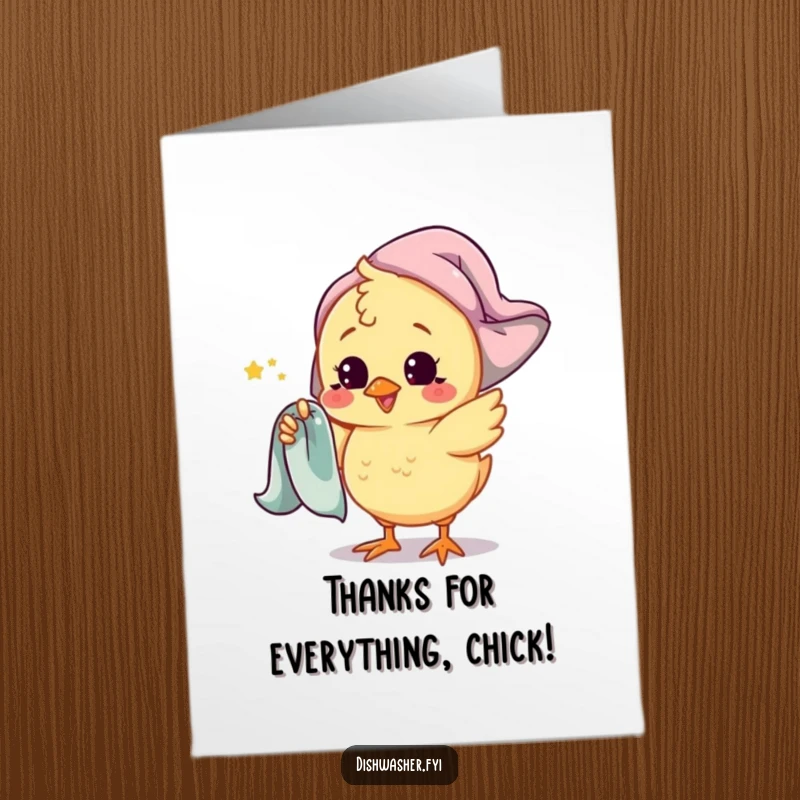 Funny Free Printable Thank You Card: A playful chick character spins a drying towel around its finger, sending thanks.