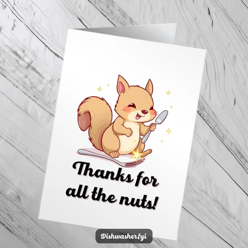 Funny Free Printable Thank You Card: A happy squirrel is seen putting away sparkling cutlery with great care and attention.