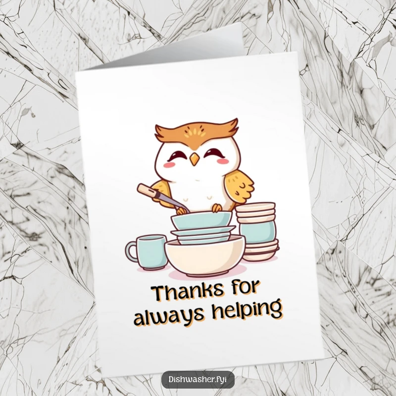 Funny Free Printable Thank You Card: Giggling owl stacking dishes, expressing thanks with meticulous joy. Easy DIY printable.