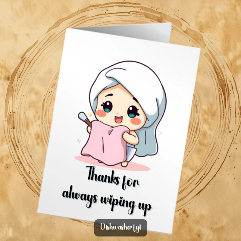 Funny Free Printable Thank You Card: A cheerful character beams while drying dishes, showing gratitude.