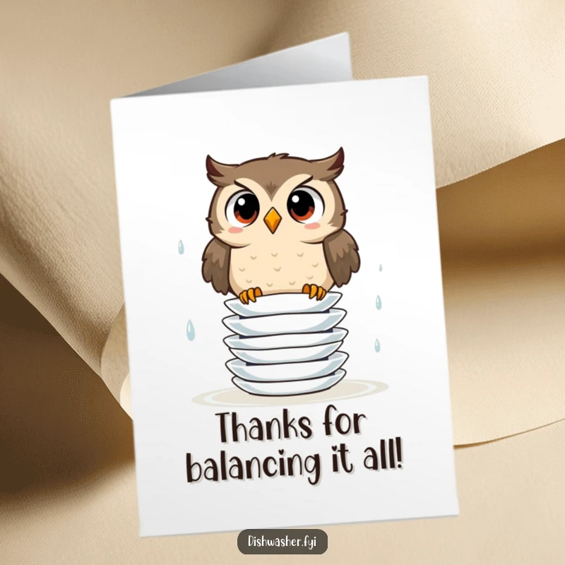 Funny Free Printable Thank You Card of a bewildered owl attempting to stack a tower of wet plates, showing great effort and thanks.