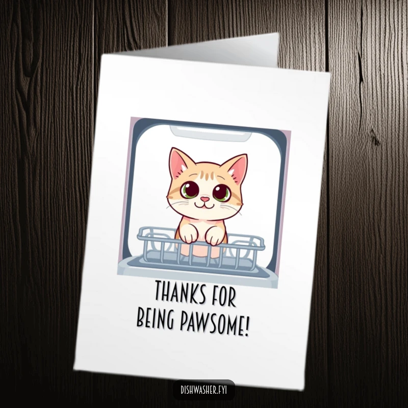 Funny Free Printable Thank You Card: A curious cat character peeks into the dishwasher with wide eyes, showing thanks.