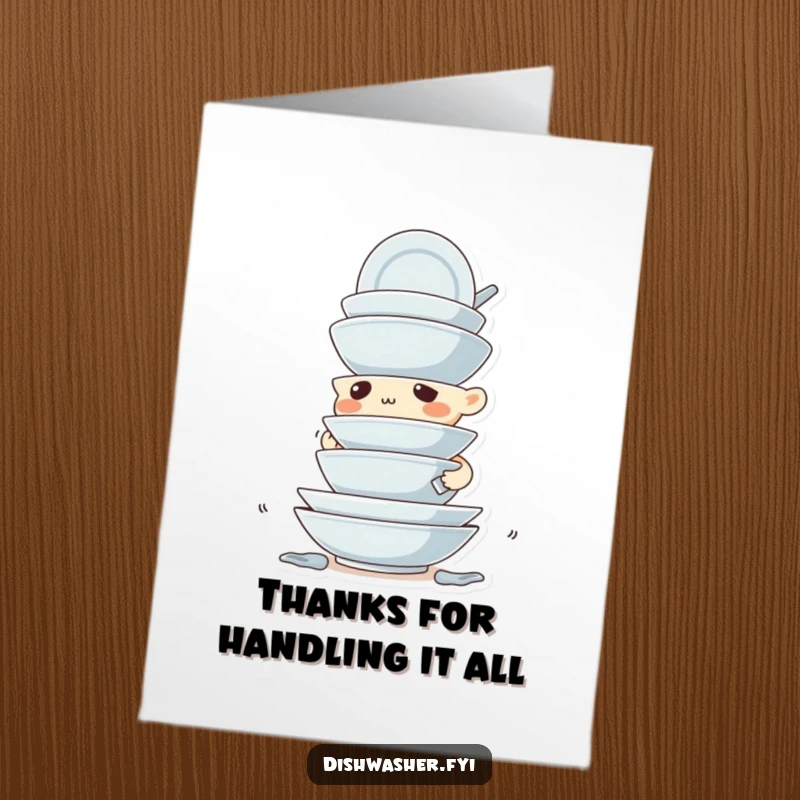 Funny Free Printable Thank You Card: Determined character stacking dirty dishes with precision, a grateful DIY gift.